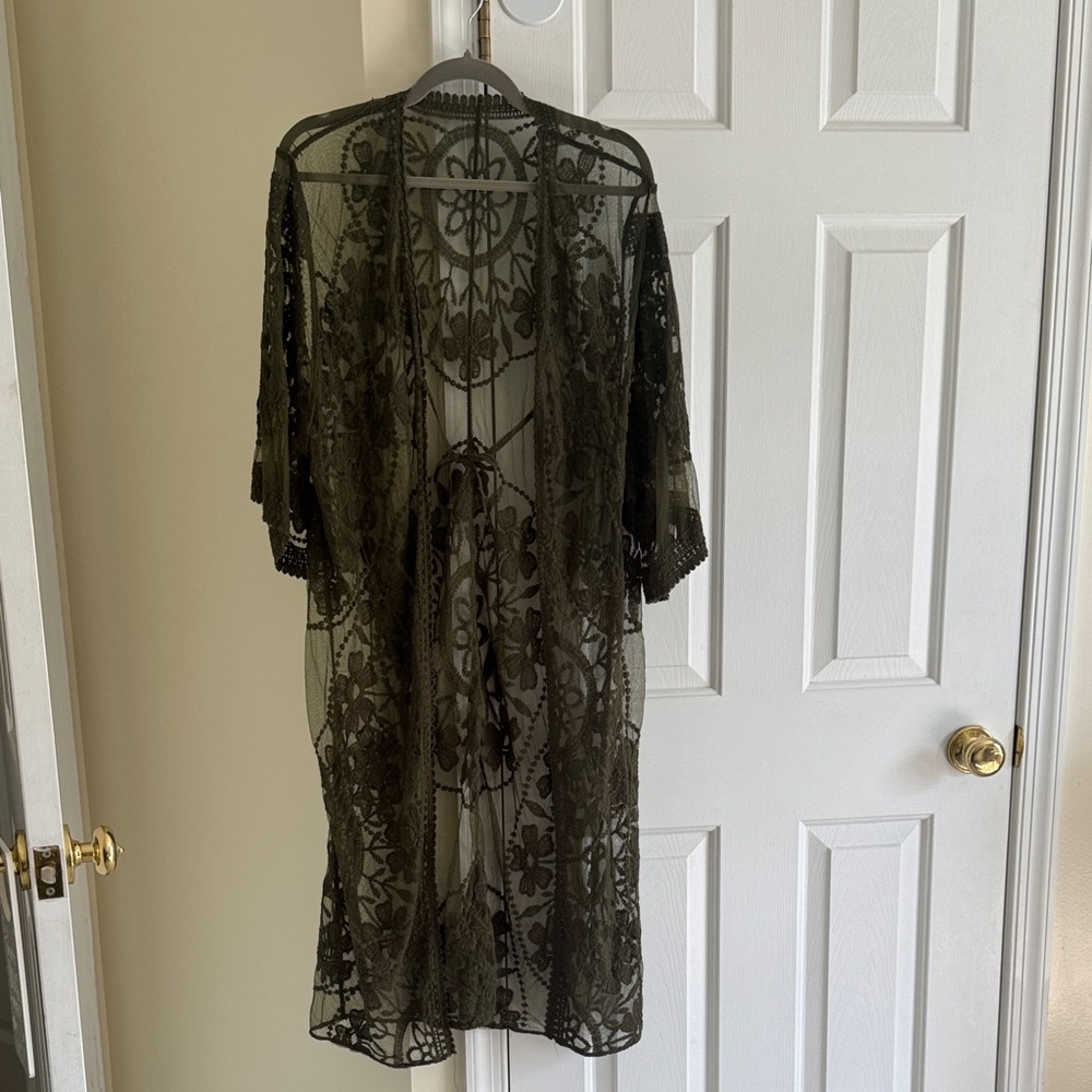 Sheer Green Lace Long Kimono.